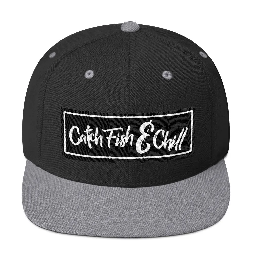 CATCH FISH & CHILL BOX LOGO BLACK FLAT BILL WOOL SNAP BACK