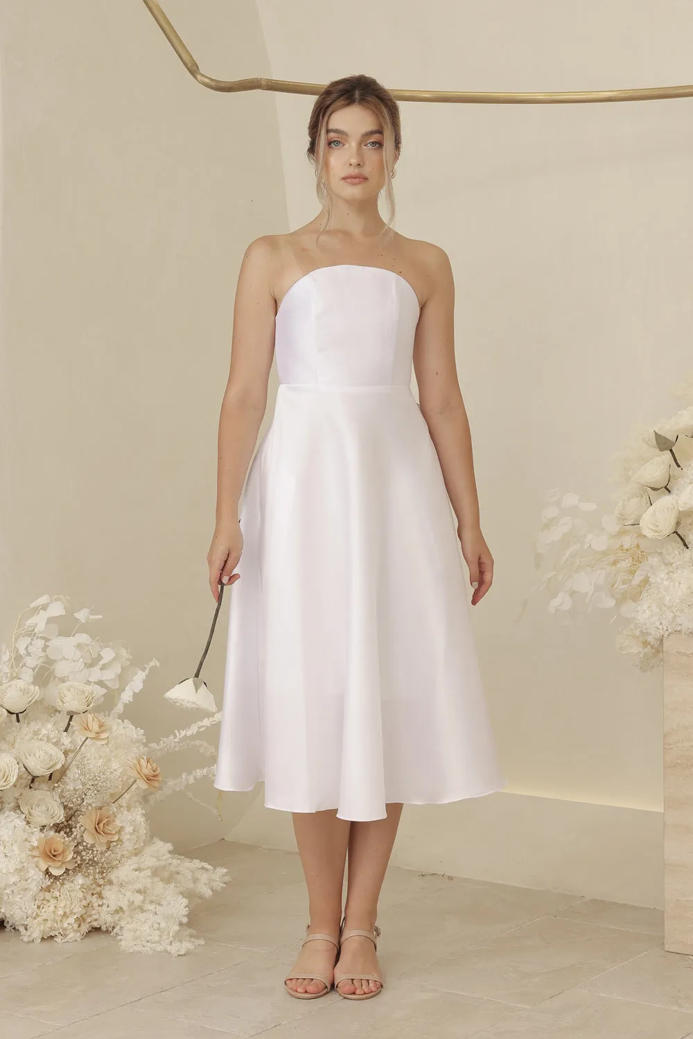 CELINE Strapless Curved Neckline Mid Length Gown with Bow, Pockets and Covered Buttons (White Gazaar)