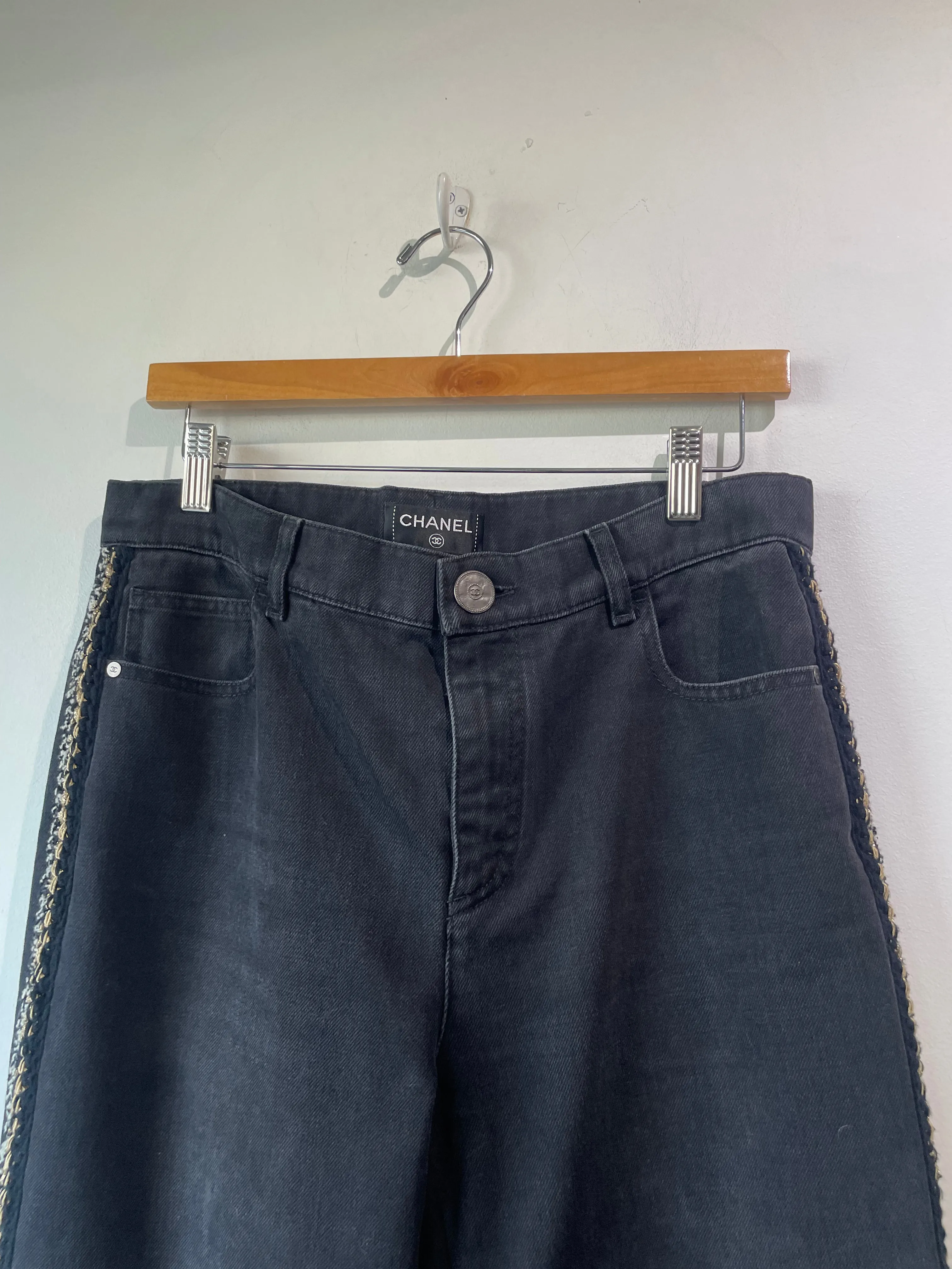 Chanel Braided Tweed Stripe Black Jeans
