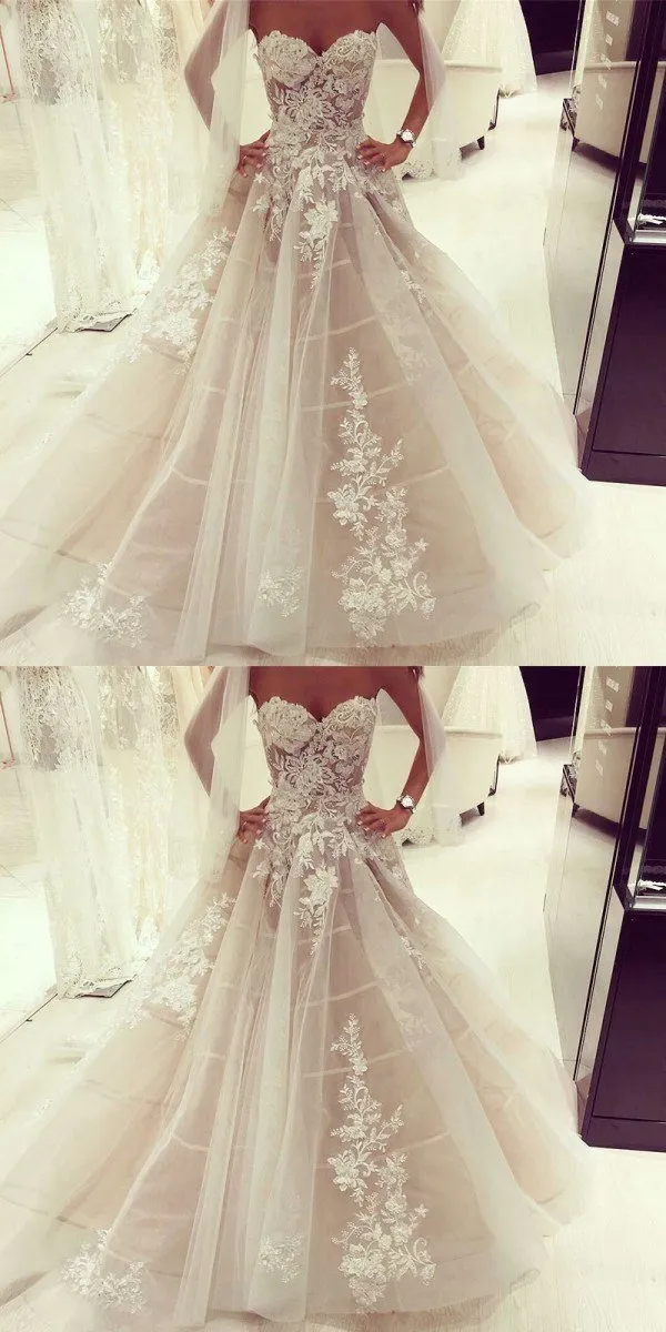 Cheap Long A-Line Sweetheart Floor-Length Tulle Wedding Dresses with Appliques, WD0338