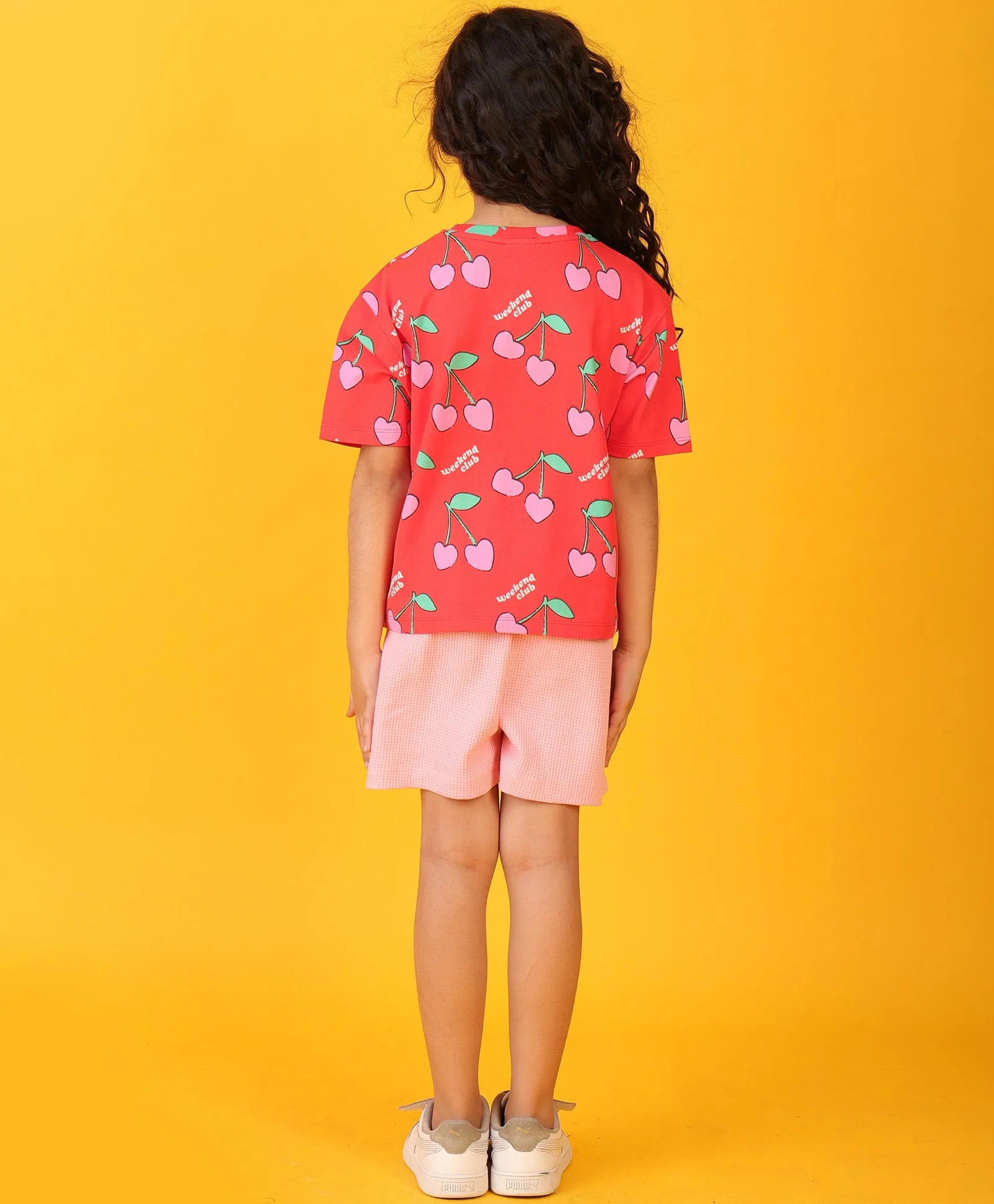CHERRY RED PINK GIRLS SHORTS SET - RED/PINK
