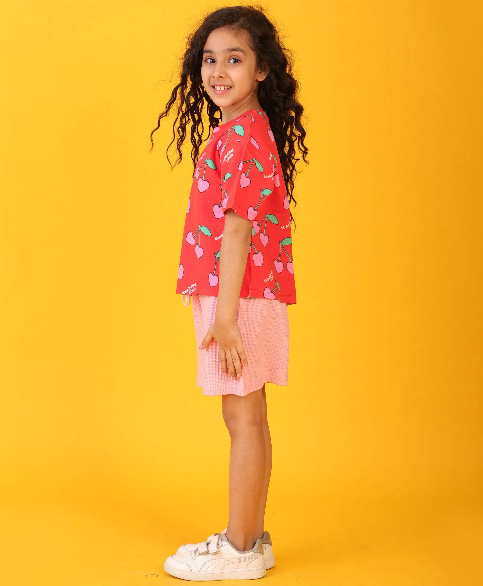 CHERRY RED PINK GIRLS SHORTS SET - RED/PINK