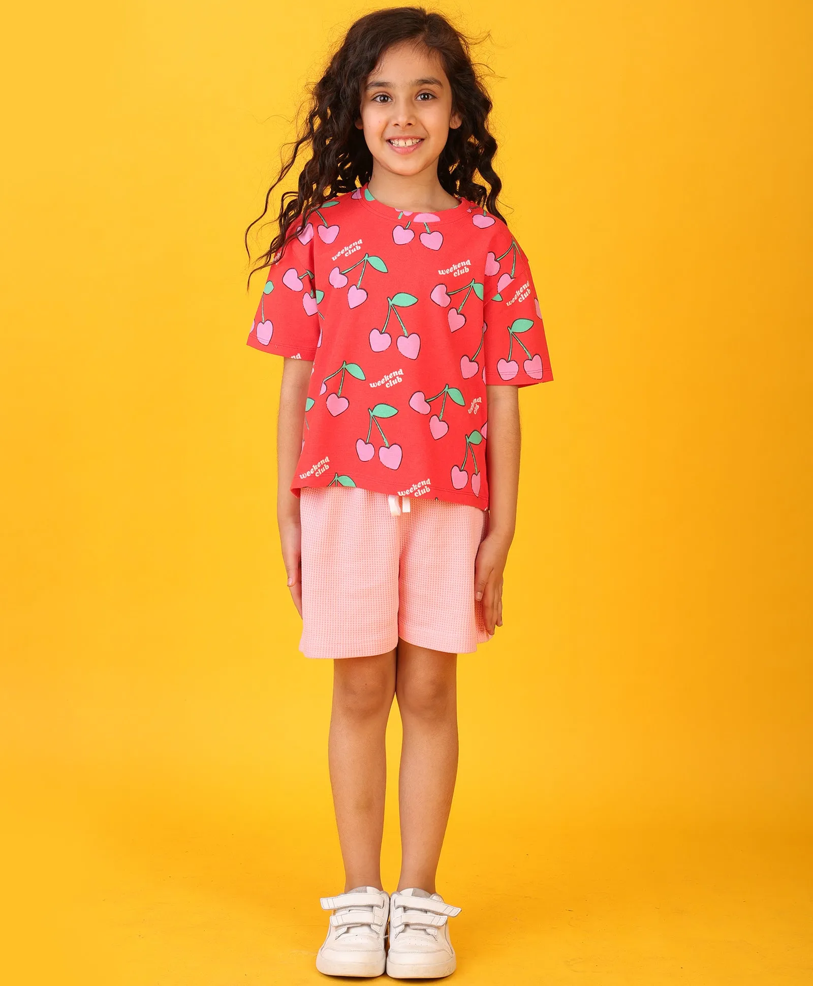 CHERRY RED PINK GIRLS SHORTS SET - RED/PINK