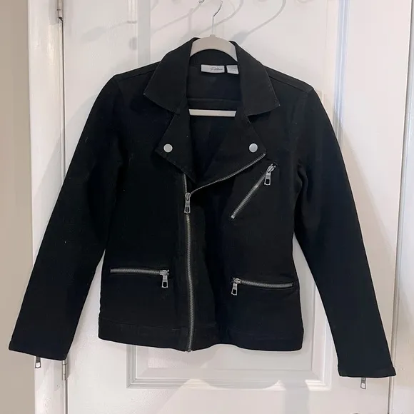 Chico’s Bonded Knit Moto Jacket Black w/Zipper &amp; Snap Details Sz 0(S) Motorcycle