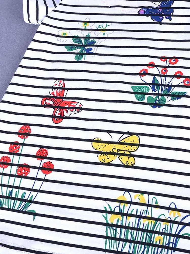 Colourful Butterflies White Striped Short Sleeved Dress - 12m to 6Y