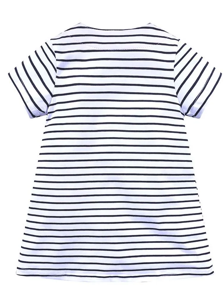 Colourful Butterflies White Striped Short Sleeved Dress - 12m to 6Y