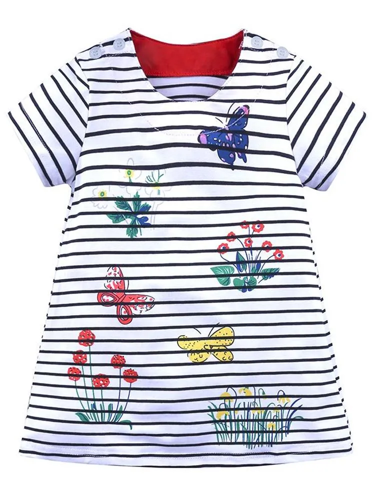 Colourful Butterflies White Striped Short Sleeved Dress - 12m to 6Y