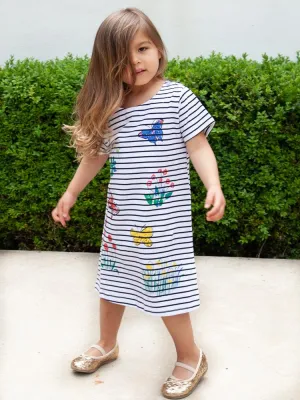 Colourful Butterflies White Striped Short Sleeved Dress - 12m to 6Y