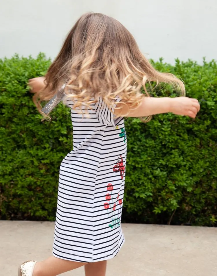 Colourful Butterflies White Striped Short Sleeved Dress - 12m to 6Y