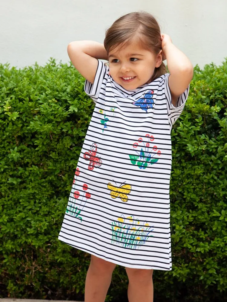 Colourful Butterflies White Striped Short Sleeved Dress - 12m to 6Y