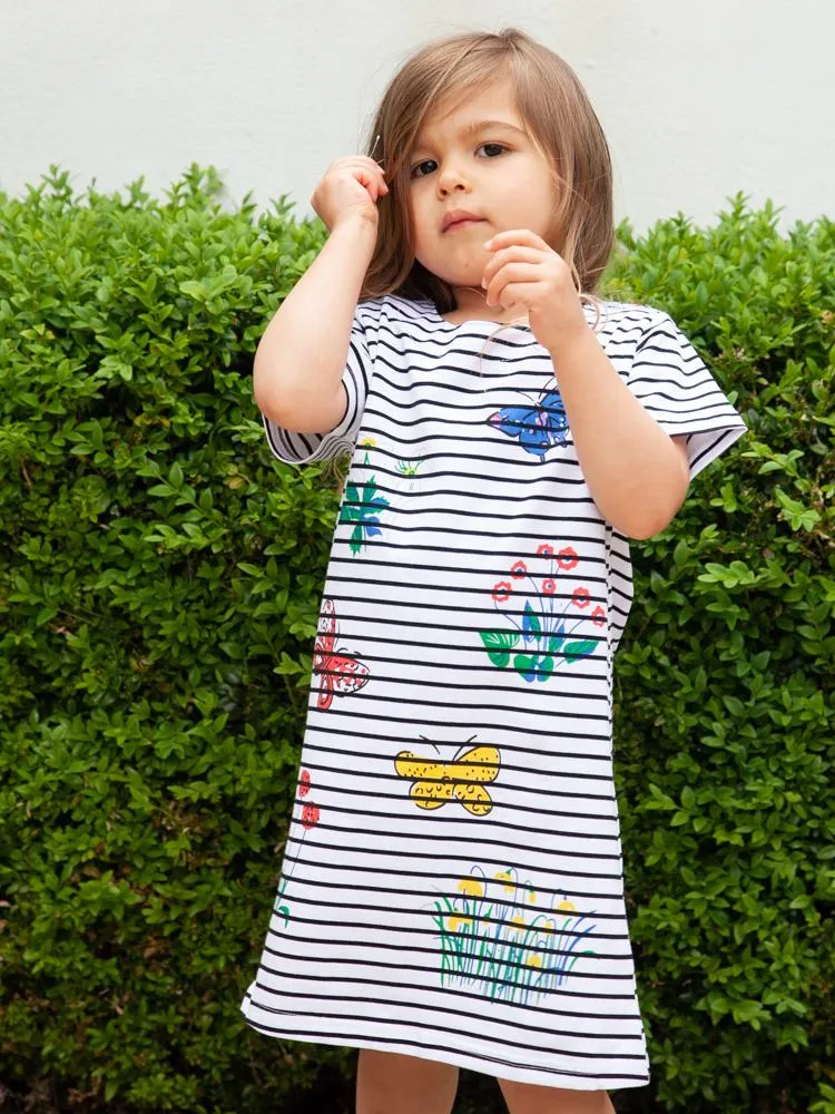 Colourful Butterflies White Striped Short Sleeved Dress - 12m to 6Y