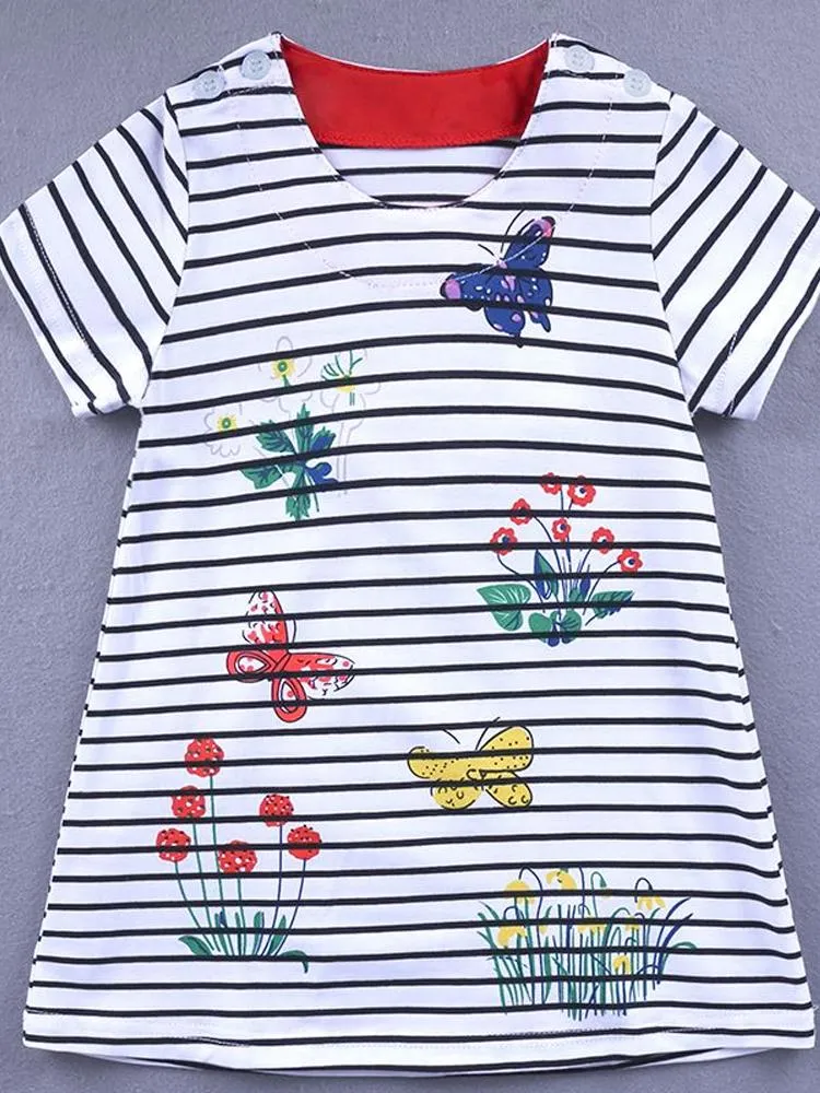 Colourful Butterflies White Striped Short Sleeved Dress - 12m to 6Y