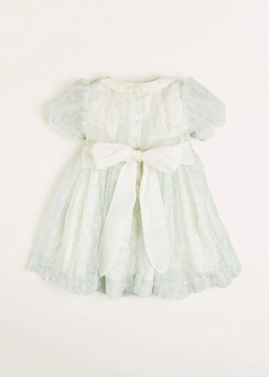 Constance Floral Print Hand Smocked Short Sleeve Party Dress in Light Green (2-6yrs)