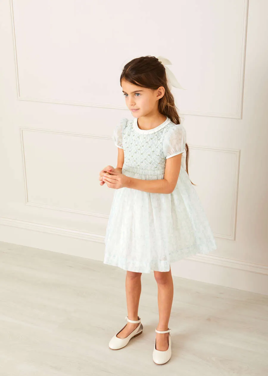 Constance Floral Print Hand Smocked Short Sleeve Party Dress in Light Green (2-6yrs)