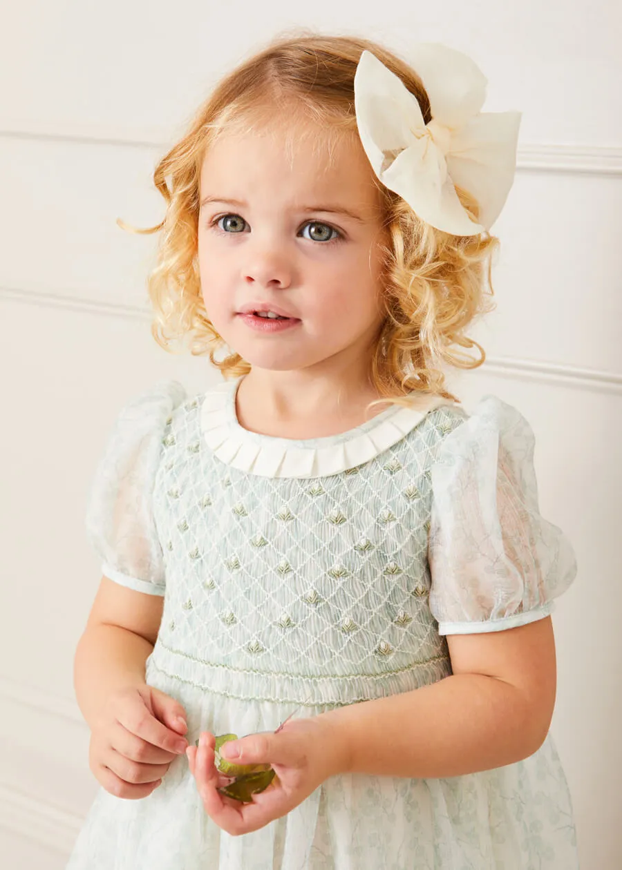 Constance Floral Print Hand Smocked Short Sleeve Party Dress in Light Green (2-6yrs)