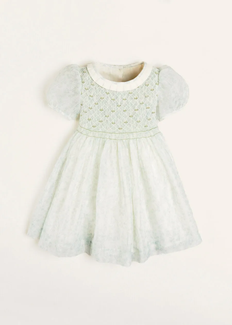 Constance Floral Print Hand Smocked Short Sleeve Party Dress in Light Green (2-6yrs)