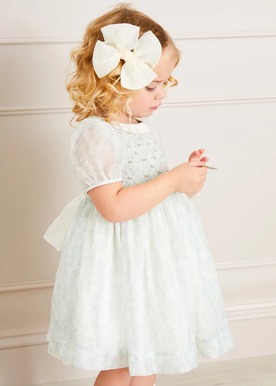 Constance Floral Print Hand Smocked Short Sleeve Party Dress in Light Green (2-6yrs)