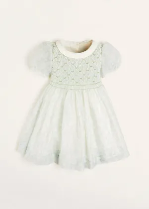 Constance Floral Print Hand Smocked Short Sleeve Party Dress in Light Green (2-6yrs)