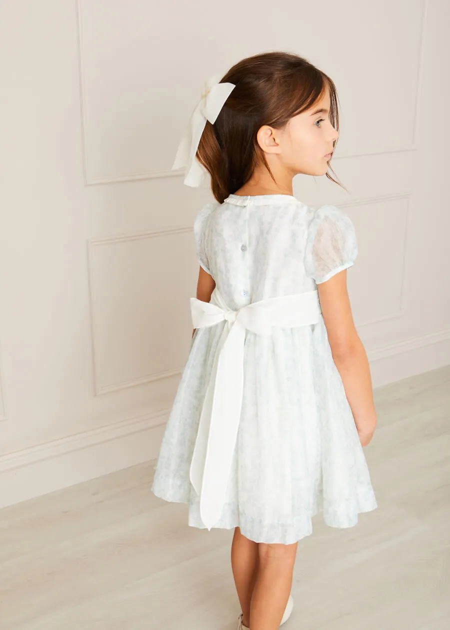 Constance Floral Print Hand Smocked Short Sleeve Party Dress in Light Green (2-6yrs)