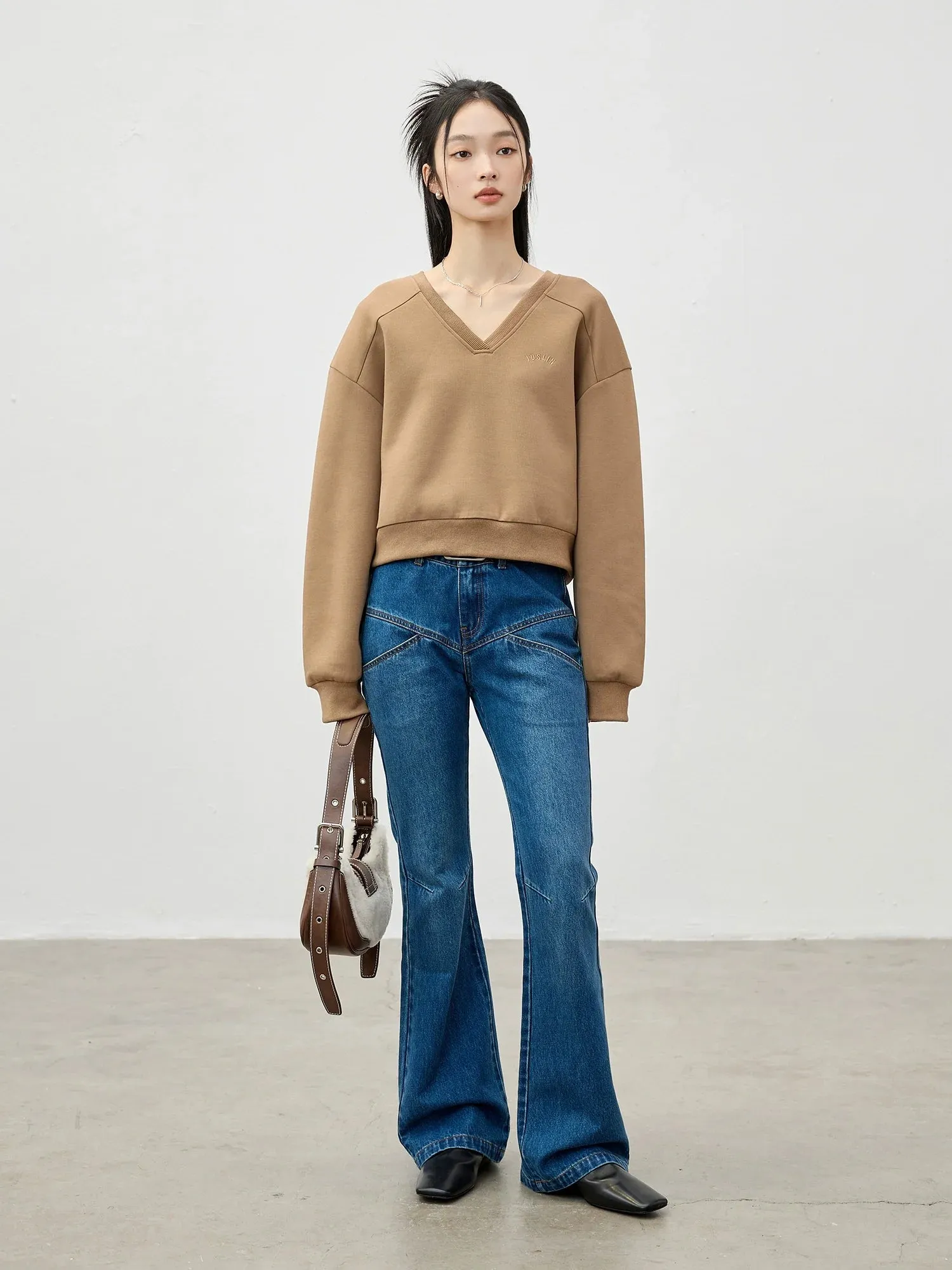 Cotton Embroidered V-Neck Sweater and Skirt Set