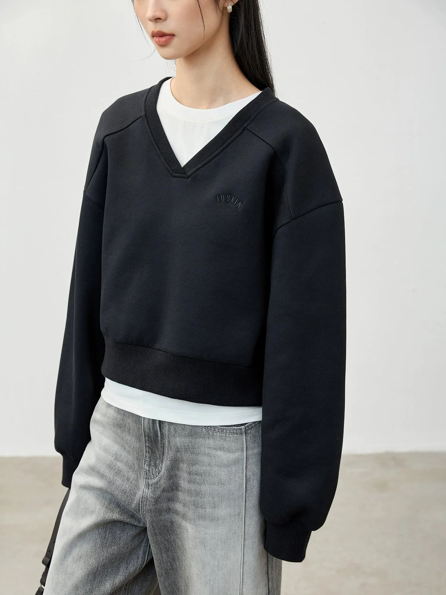 Cotton Embroidered V-Neck Sweater and Skirt Set