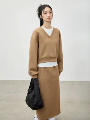 Cotton Embroidered V-Neck Sweater and Skirt Set
