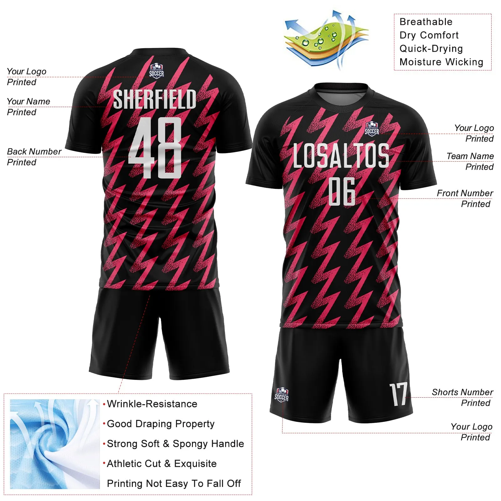 Custom Black White-Neon Pink Zigzag Shape Sublimation Soccer Uniform Jersey