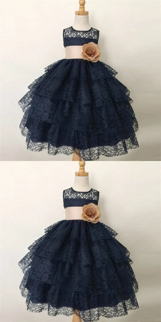 Cute Ball Gown Jewel Navy Blue Lace Flower Girl Dresses with Handmade Flowers, QB0222