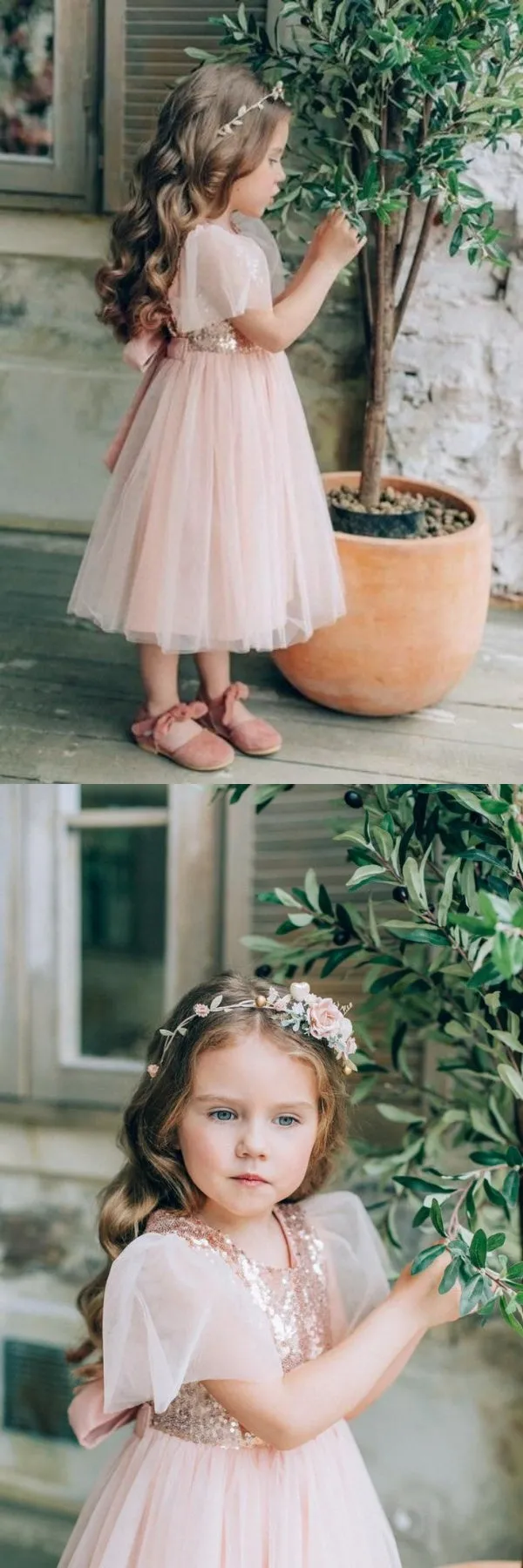 Cute Shiny Pink A-line Tulle Flower Girl Dresses , FGS0062