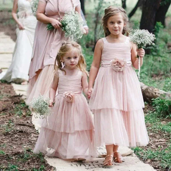 Cute Square Neck Pink Tulle Long Cheap Flower Girl Dresses with Handmade Flower, QB0108