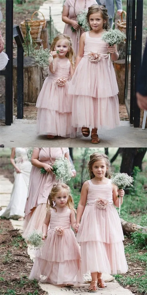 Cute Square Neck Pink Tulle Long Cheap Flower Girl Dresses with Handmade Flower, QB0108