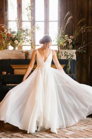 Deep V-neckline Sleeveless Chiffon Simple Beach Wedding Dresses