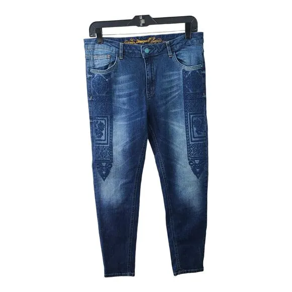 Desigual Blue Denim Floral Embroidered Vintage Jeans 32