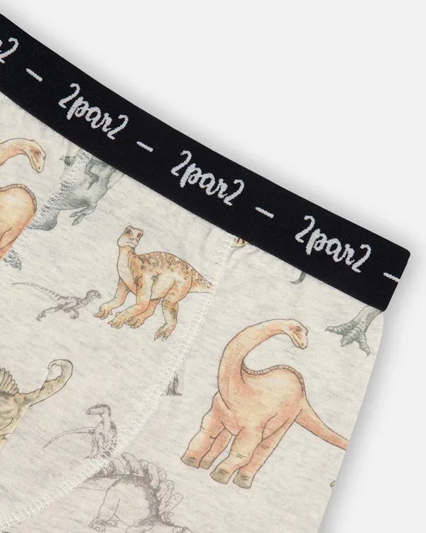 Deux Par Deux Organic Cotton Boxer Shorts - Dinosaur On Mottled And Tan Background