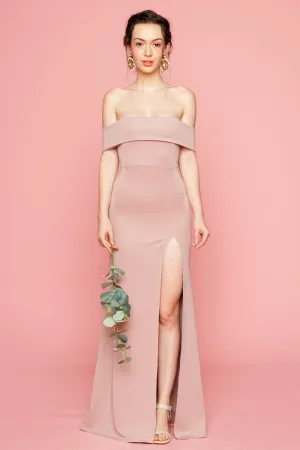 DULCE Off Shoulder Maxi Dress with High Slit (Taupe)