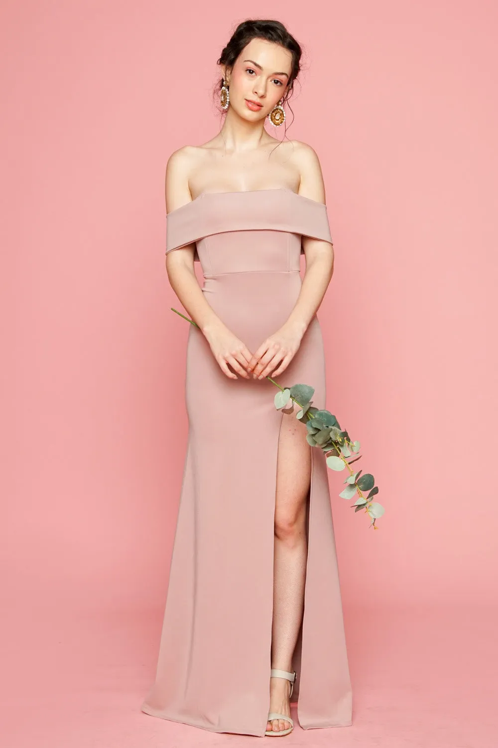 DULCE Off Shoulder Maxi Dress with High Slit (Taupe)