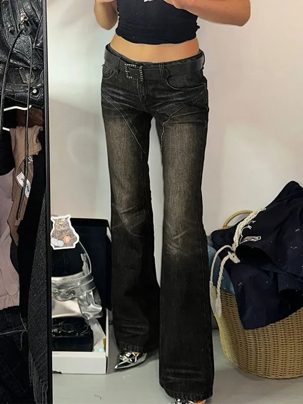 Dunkle Vintage Schlaghose mit Tiefem Bund und Einsätzen