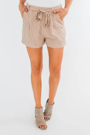 Elastic Waist Tie Shorts- Taupe