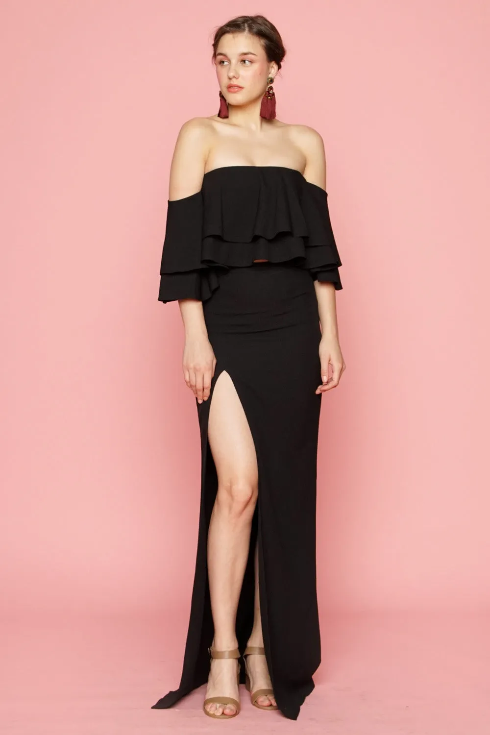 EMILIA DRESS SET Layered Off Shoulder Top   High Slit Skirt (Black)