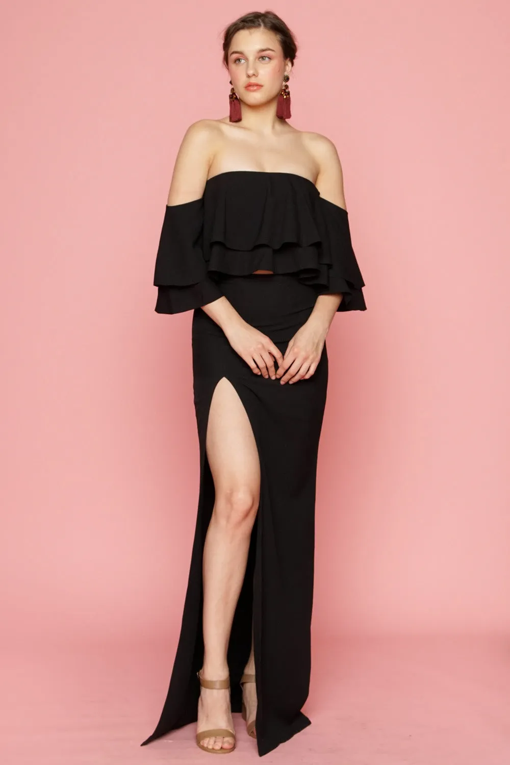 EMILIA DRESS SET Layered Off Shoulder Top   High Slit Skirt (Black)