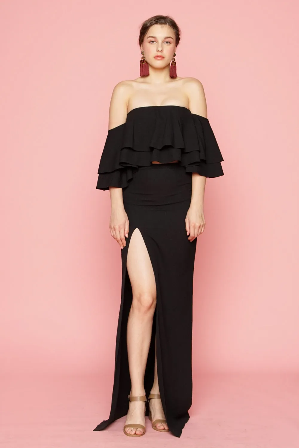 EMILIA DRESS SET Layered Off Shoulder Top   High Slit Skirt (Black)