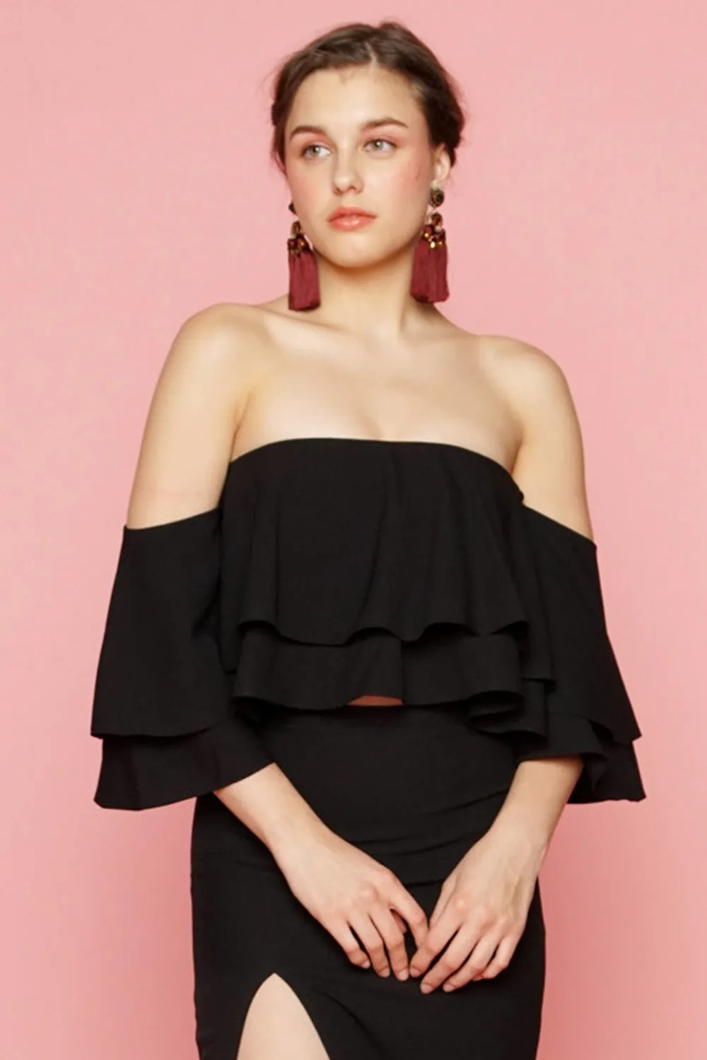 EMILIA DRESS SET Layered Off Shoulder Top   High Slit Skirt (Black)