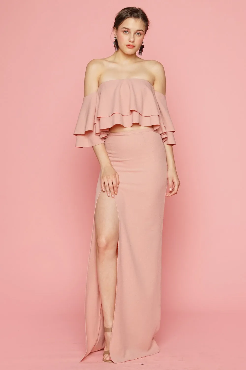 EMILIA DRESS SET Layered Off Shoulder Top   High Slit Skirt (Blush Pink)