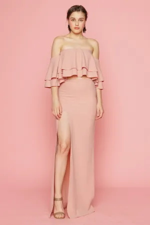 EMILIA DRESS SET Layered Off Shoulder Top   High Slit Skirt (Blush Pink)