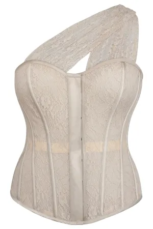 Emmeline Champagne Satin and Lace Overbust Corset with One Shoulder Detail