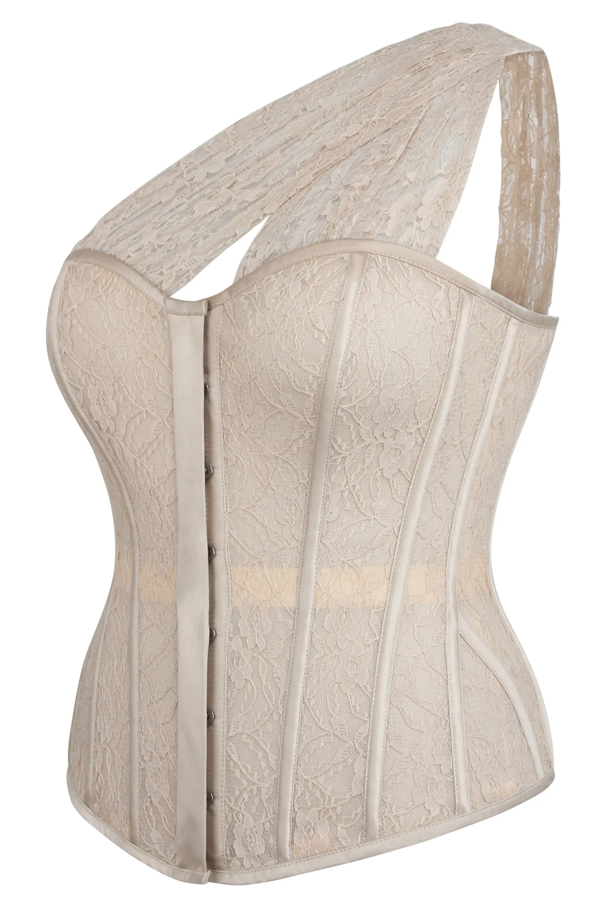 Emmeline Champagne Satin and Lace Overbust Corset with One Shoulder Detail