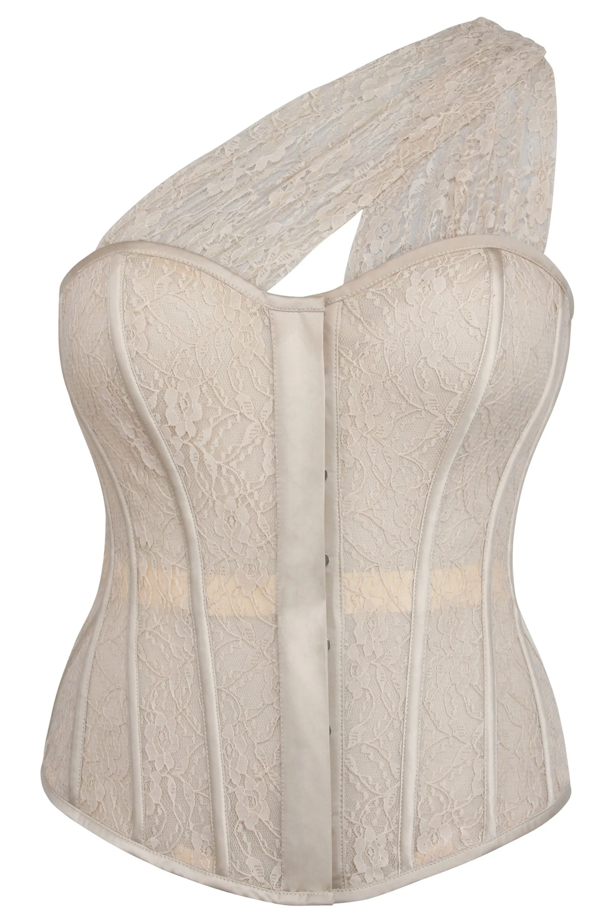 Emmeline Champagne Satin and Lace Overbust Corset with One Shoulder Detail