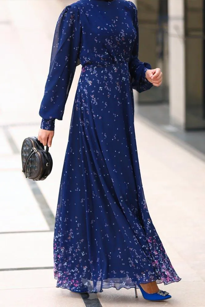Firella viscose drape ruffle Maxi dress with baloon long sleeves in blue floral print