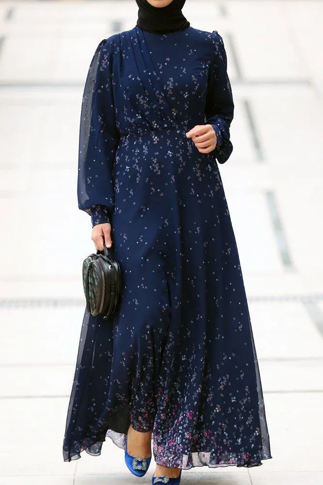 Firella viscose drape ruffle Maxi dress with baloon long sleeves in blue floral print