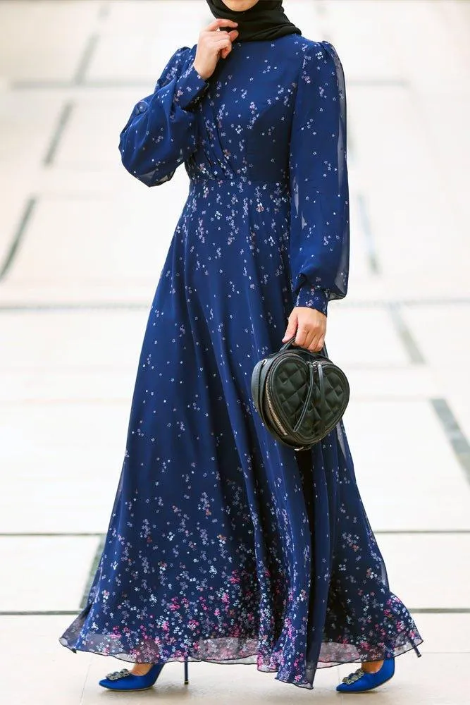 Firella viscose drape ruffle Maxi dress with baloon long sleeves in blue floral print